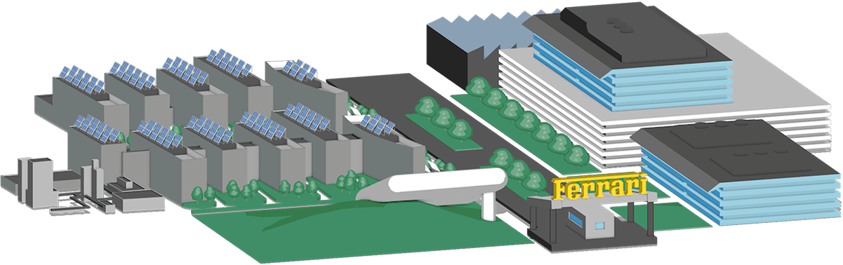 Ferrariās Maranello plant headquaters supplied energy from Shell, vector illustration styled image